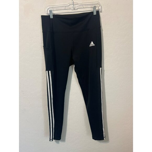 Adidas Sz L Black White Triple Stripe Leggings Aeroready - Picture 2 of 8